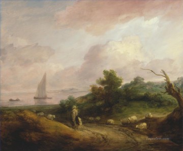  Pastores Pintura - Paisaje costero de Thomas Gainsborough con un pastor y su rebaño